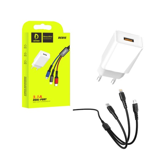 ADAPTADOR DE CARREGADOR DENMEN DC01E 2.4A COM TIPO C, CABO MICRO IPHONE 3 EM 1 BRANCO